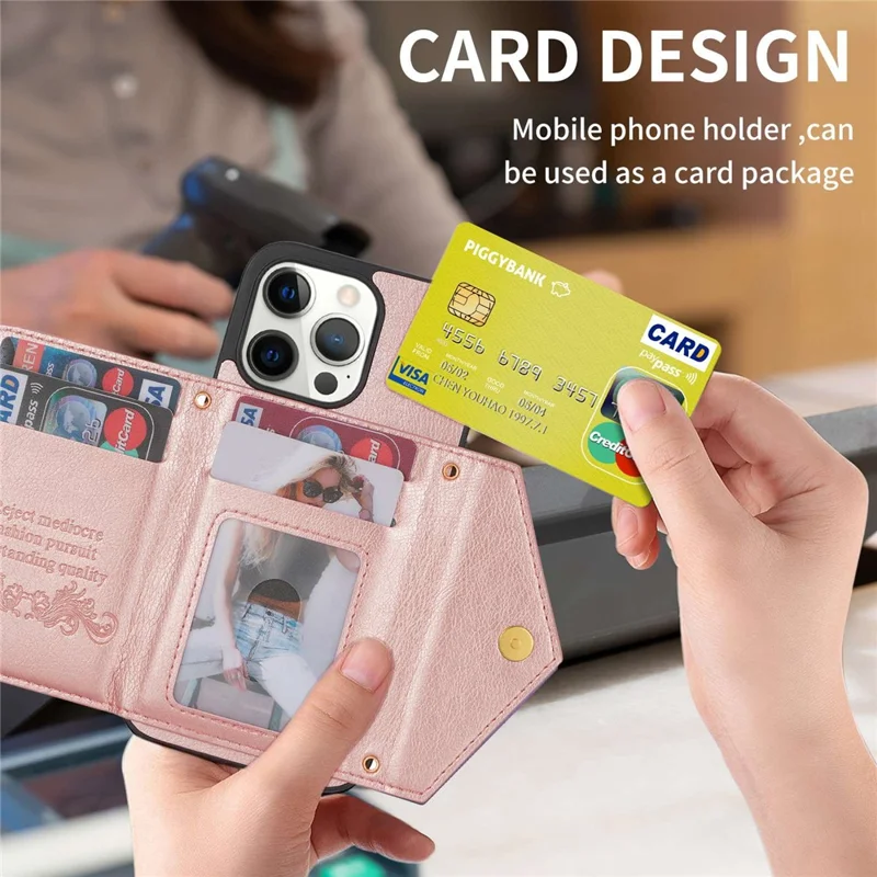 N.BEKUS Phone Wallet Case for iPhone 14 Pro Max 6.7 inch, Anti-fall PU Leather Coated TPU Back Cover Card Holder Scratch-resistant Shell Kickstand with Strap - Pink