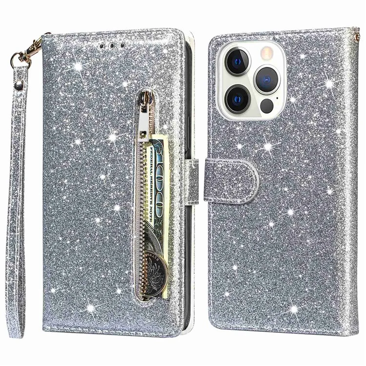 For iPhone 14 Pro Max 6.7 inch Glitter Sequins PU Leather + TPU Full Protection Stand Wallet Case with Zipper Pocket and Hand Strap - Silver