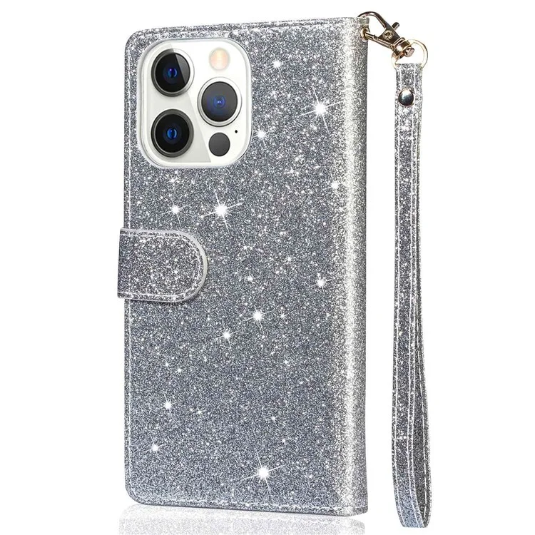 For iPhone 14 Pro Max 6.7 inch Glitter Sequins PU Leather + TPU Full Protection Stand Wallet Case with Zipper Pocket and Hand Strap - Silver