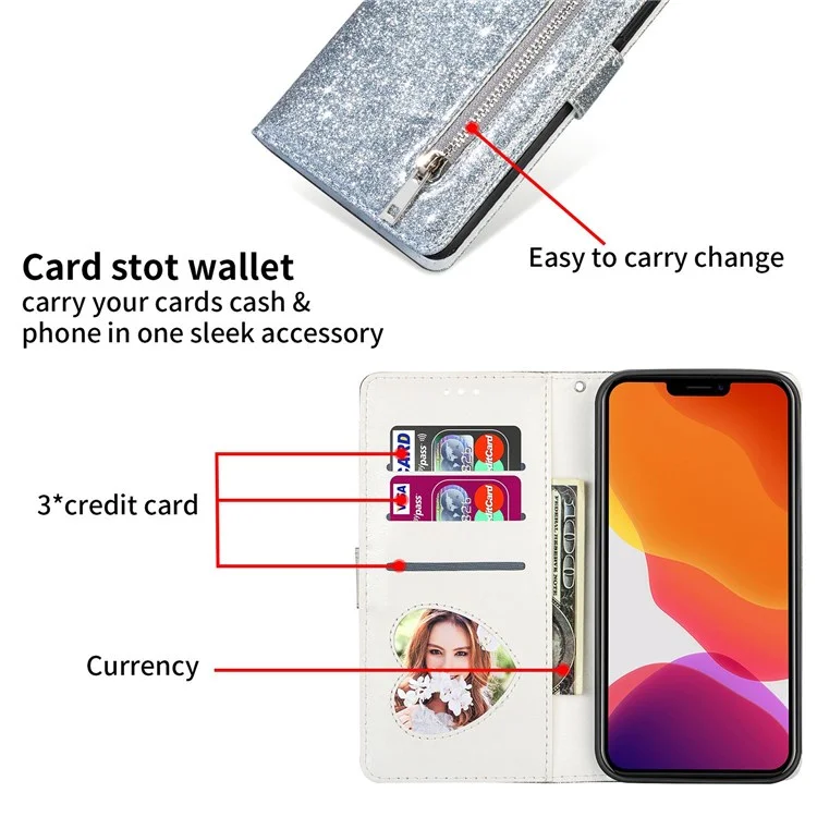 For iPhone 14 Pro Max 6.7 inch Glitter Sequins PU Leather + TPU Full Protection Stand Wallet Case with Zipper Pocket and Hand Strap - Silver