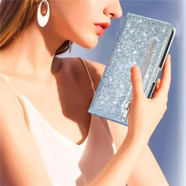 For iPhone 14 Pro Max 6.7 inch Glitter Sequins PU Leather + TPU Full Protection Stand Wallet Case with Zipper Pocket and Hand Strap - Silver