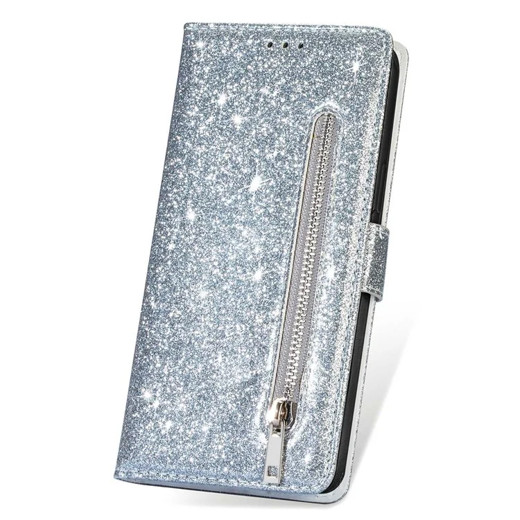 For iPhone 14 Pro Max 6.7 inch Glitter Sequins PU Leather + TPU Full Protection Stand Wallet Case with Zipper Pocket and Hand Strap - Silver