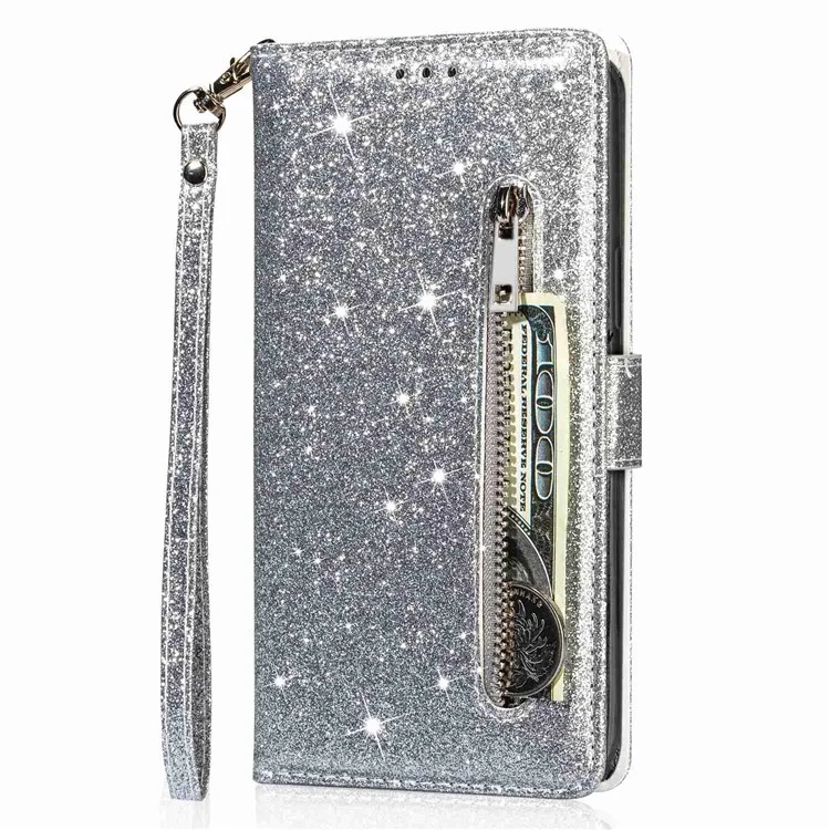 For iPhone 14 Pro Max 6.7 inch Glitter Sequins PU Leather + TPU Full Protection Stand Wallet Case with Zipper Pocket and Hand Strap - Silver