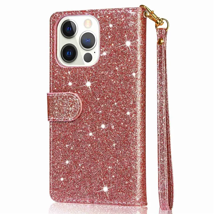 For iPhone 14 Pro 6.1 inch  Full Protection Glitter Powder PU Leather Wallet Stand Zipper Pocket Phone Case Covering Shell - Rose Gold