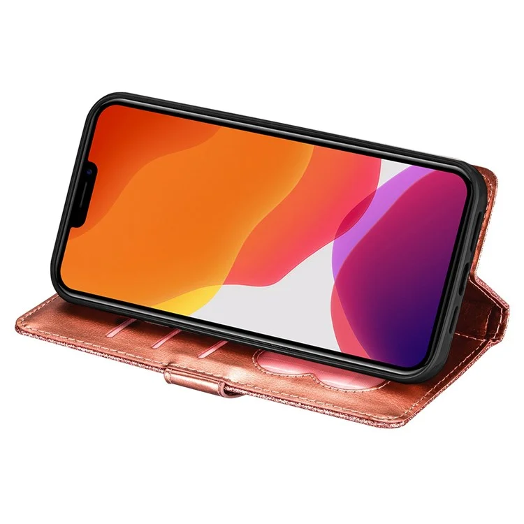 For iPhone 14 Pro 6.1 inch  Full Protection Glitter Powder PU Leather Wallet Stand Zipper Pocket Phone Case Covering Shell - Rose Gold