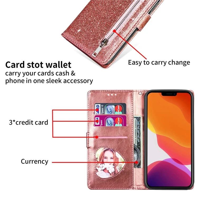 For iPhone 14 Pro 6.1 inch  Full Protection Glitter Powder PU Leather Wallet Stand Zipper Pocket Phone Case Covering Shell - Rose Gold