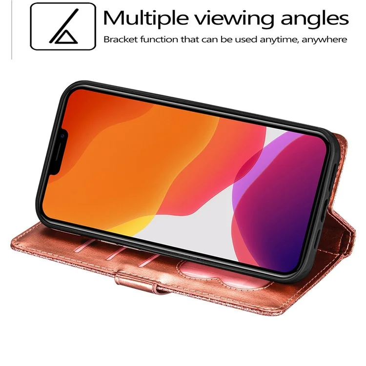 For iPhone 14 Pro 6.1 inch  Full Protection Glitter Powder PU Leather Wallet Stand Zipper Pocket Phone Case Covering Shell - Rose Gold