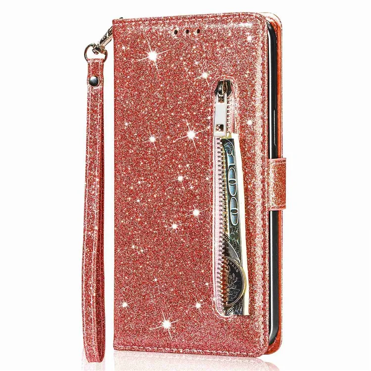 For iPhone 14 Pro 6.1 inch  Full Protection Glitter Powder PU Leather Wallet Stand Zipper Pocket Phone Case Covering Shell - Rose Gold