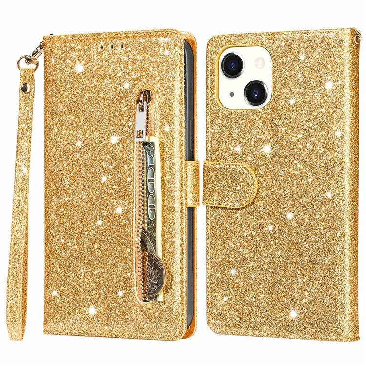 Para iPhone 14 Plus de 6.7 pulgadas Funda de teléfono con diseño de polvo brillante antihuellas de cuero sintético PU con bolsillo con cremallera y soporte para teléfono - Oro