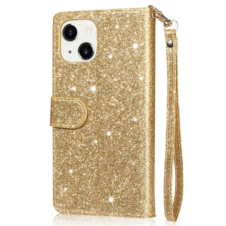 Para iPhone 14 Plus de 6.7 pulgadas Funda de teléfono con diseño de polvo brillante antihuellas de cuero sintético PU con bolsillo con cremallera y soporte para teléfono - Oro