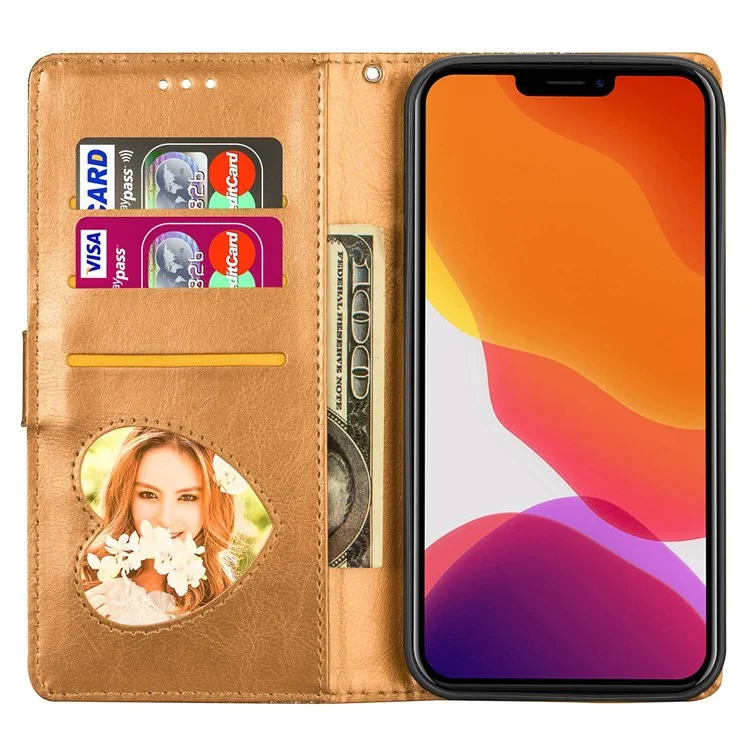 Para iPhone 14 Plus de 6.7 pulgadas Funda de teléfono con diseño de polvo brillante antihuellas de cuero sintético PU con bolsillo con cremallera y soporte para teléfono - Oro