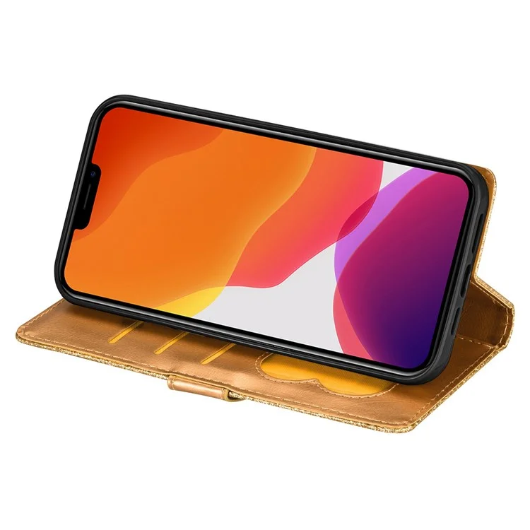 Para iPhone 14 Plus de 6.7 pulgadas Funda de teléfono con diseño de polvo brillante antihuellas de cuero sintético PU con bolsillo con cremallera y soporte para teléfono - Oro