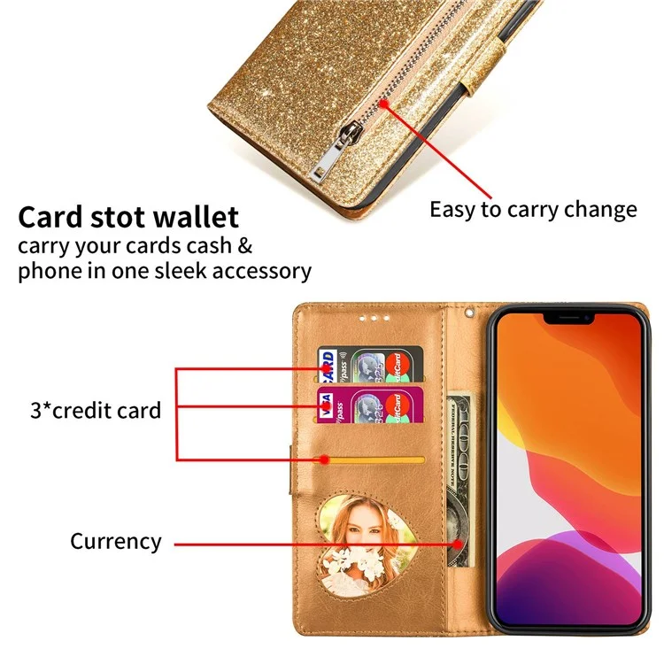 Para iPhone 14 Plus de 6.7 pulgadas Funda de teléfono con diseño de polvo brillante antihuellas de cuero sintético PU con bolsillo con cremallera y soporte para teléfono - Oro