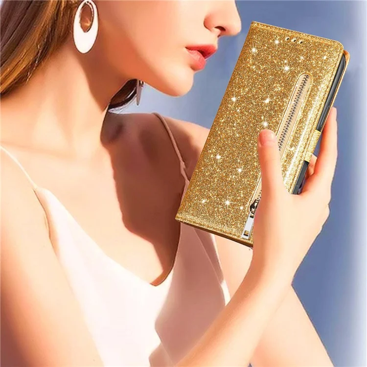 Para iPhone 14 Plus de 6.7 pulgadas Funda de teléfono con diseño de polvo brillante antihuellas de cuero sintético PU con bolsillo con cremallera y soporte para teléfono - Oro
