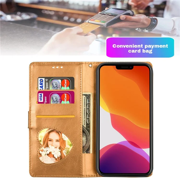 Para iPhone 14 Plus de 6.7 pulgadas Funda de teléfono con diseño de polvo brillante antihuellas de cuero sintético PU con bolsillo con cremallera y soporte para teléfono - Oro