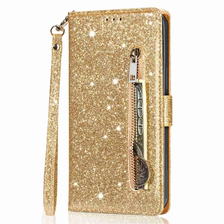 Para iPhone 14 Plus de 6.7 pulgadas Funda de teléfono con diseño de polvo brillante antihuellas de cuero sintético PU con bolsillo con cremallera y soporte para teléfono - Oro