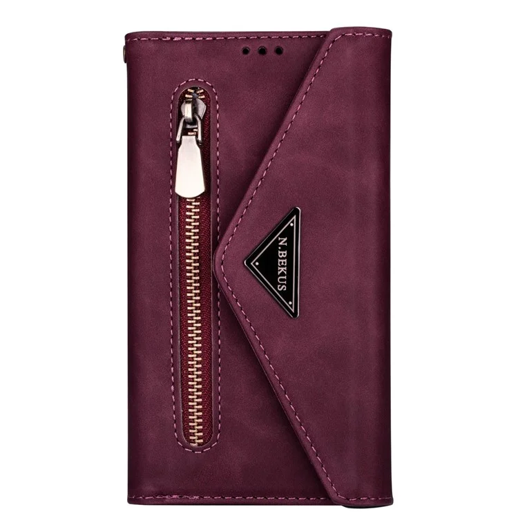 Para iPhone 14 Pro Max de 6,7 pulgadas Funda de teléfono resistente a los golpes Piel de tacto suave Cremallera Cartera Soporte - Rojo vino