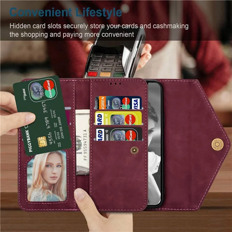 Para iPhone 14 Pro Max de 6,7 pulgadas Funda de teléfono resistente a los golpes Piel de tacto suave Cremallera Cartera Soporte - Rojo vino