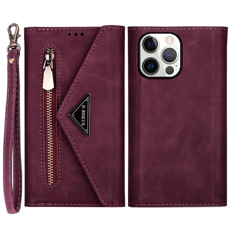 Per iPhone 14 Pro 6.1 pollici Custodia per telefono anti-caduta Slot per più schede Resistente all'usura Custodia in pelle PU con cerniera Supporto con cinghia corta + lunga - Rosso vino