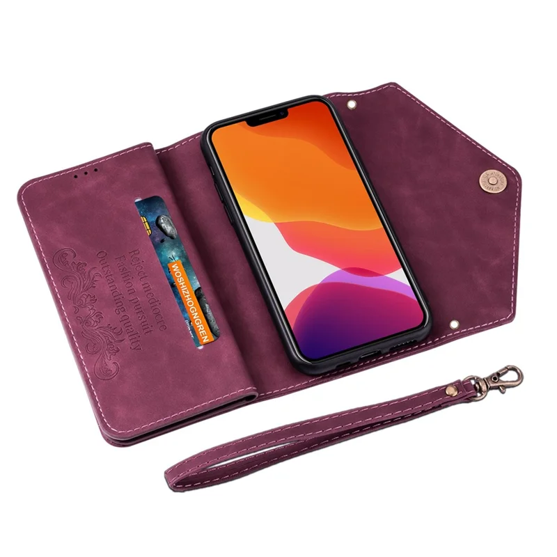 Per iPhone 14 Pro 6.1 pollici Custodia per telefono anti-caduta Slot per più schede Resistente all'usura Custodia in pelle PU con cerniera Supporto con cinghia corta + lunga - Rosso vino