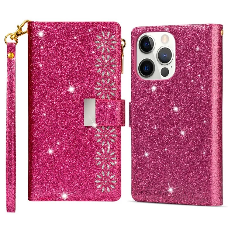 For iPhone 14 Plus 6.7 inch Flip Cover, Laser Carving Glittery Starry Style Zipper Wallet Stand Leather Phone Case with Strap - Rose