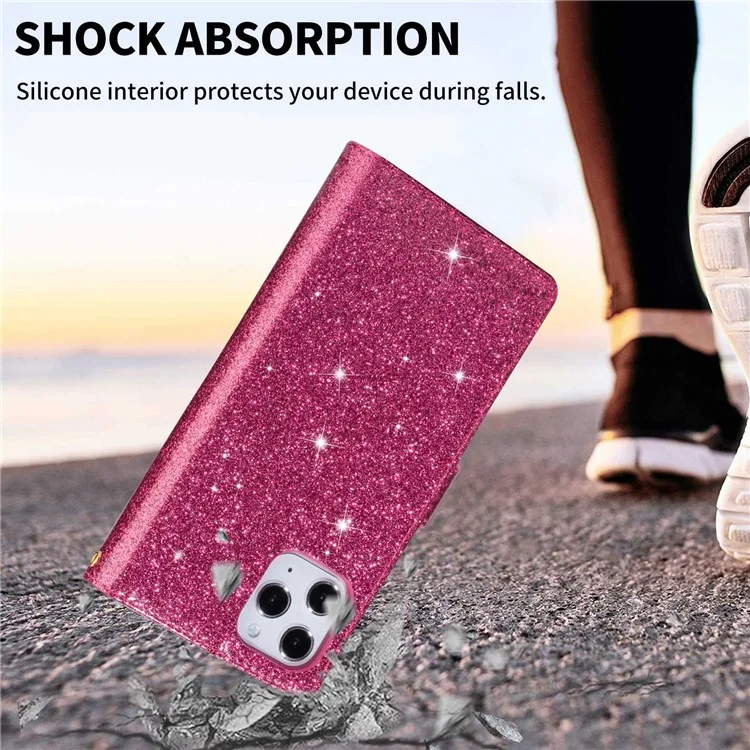 For iPhone 14 Plus 6.7 inch Flip Cover, Laser Carving Glittery Starry Style Zipper Wallet Stand Leather Phone Case with Strap - Rose