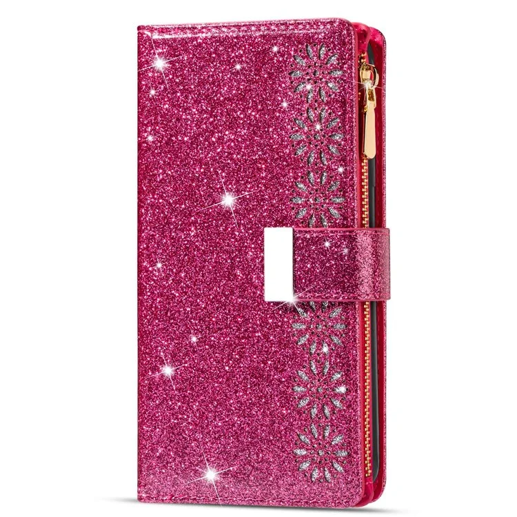 For iPhone 14 Plus 6.7 inch Flip Cover, Laser Carving Glittery Starry Style Zipper Wallet Stand Leather Phone Case with Strap - Rose