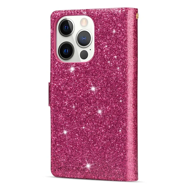 For iPhone 14 Plus 6.7 inch Flip Cover, Laser Carving Glittery Starry Style Zipper Wallet Stand Leather Phone Case with Strap - Rose
