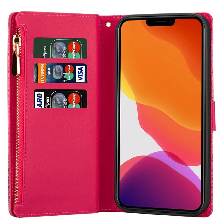For iPhone 14 Plus 6.7 inch Flip Cover, Laser Carving Glittery Starry Style Zipper Wallet Stand Leather Phone Case with Strap - Rose