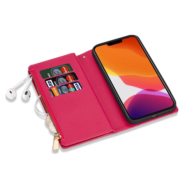 For iPhone 14 Plus 6.7 inch Flip Cover, Laser Carving Glittery Starry Style Zipper Wallet Stand Leather Phone Case with Strap - Rose