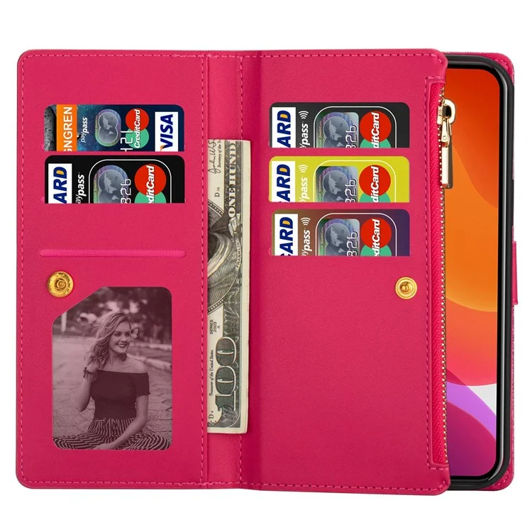 For iPhone 14 Plus 6.7 inch Flip Cover, Laser Carving Glittery Starry Style Zipper Wallet Stand Leather Phone Case with Strap - Rose