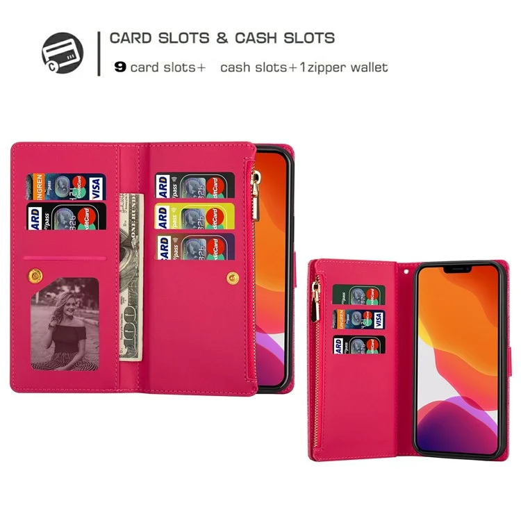 For iPhone 14 Plus 6.7 inch Flip Cover, Laser Carving Glittery Starry Style Zipper Wallet Stand Leather Phone Case with Strap - Rose