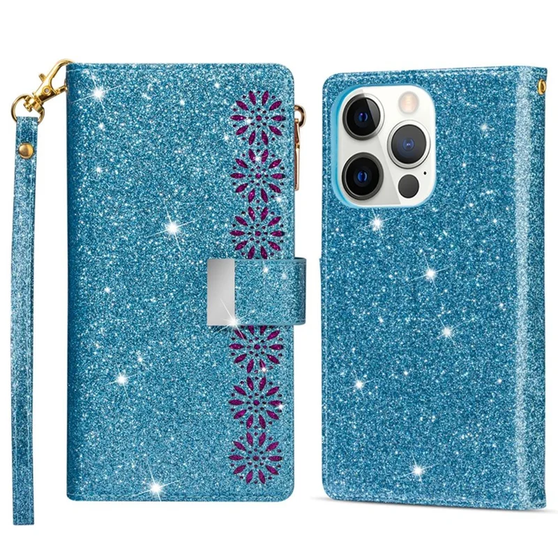 For iPhone 14 Plus 6.7 inch Flip Cover, Laser Carving Glittery Starry Style Zipper Wallet Stand Leather Phone Case with Strap - Blue