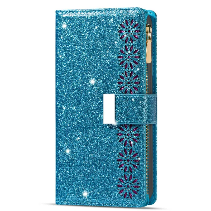 For iPhone 14 Plus 6.7 inch Flip Cover, Laser Carving Glittery Starry Style Zipper Wallet Stand Leather Phone Case with Strap - Blue