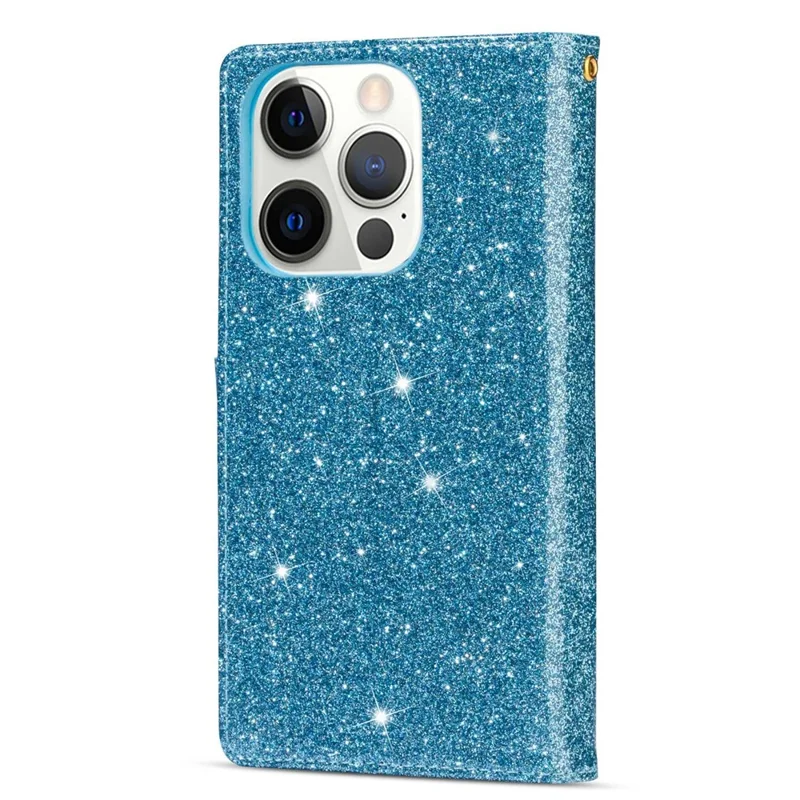 For iPhone 14 Plus 6.7 inch Flip Cover, Laser Carving Glittery Starry Style Zipper Wallet Stand Leather Phone Case with Strap - Blue