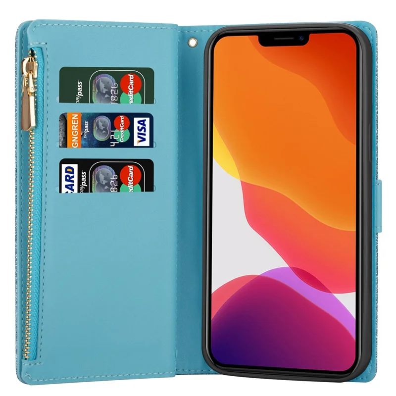 For iPhone 14 Plus 6.7 inch Flip Cover, Laser Carving Glittery Starry Style Zipper Wallet Stand Leather Phone Case with Strap - Blue