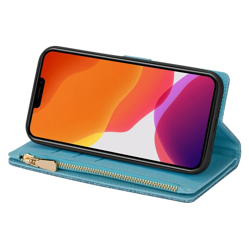 For iPhone 14 Plus 6.7 inch Flip Cover, Laser Carving Glittery Starry Style Zipper Wallet Stand Leather Phone Case with Strap - Blue