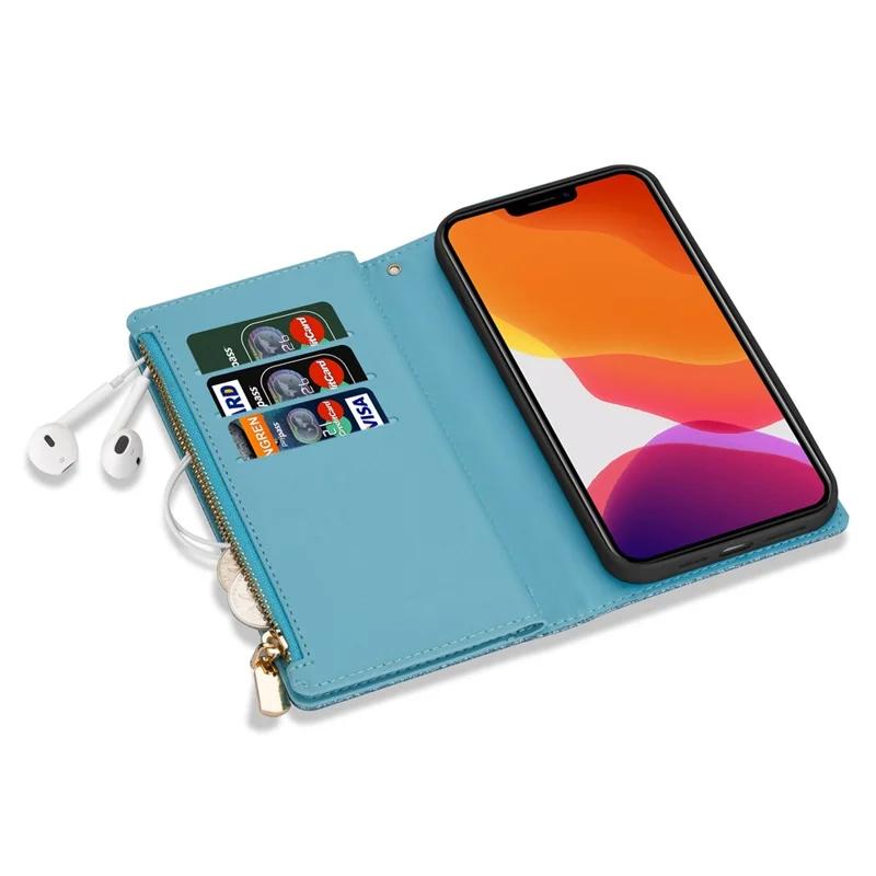 For iPhone 14 Plus 6.7 inch Flip Cover, Laser Carving Glittery Starry Style Zipper Wallet Stand Leather Phone Case with Strap - Blue