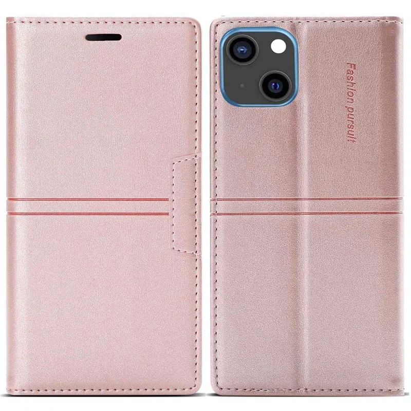 For iPhone 14 6.1 inch PU Leather Wear-resistant Anti-fall Wallet Style Case Magnetic Auto-absorbed Phone Shell with Stand - Rose Gold