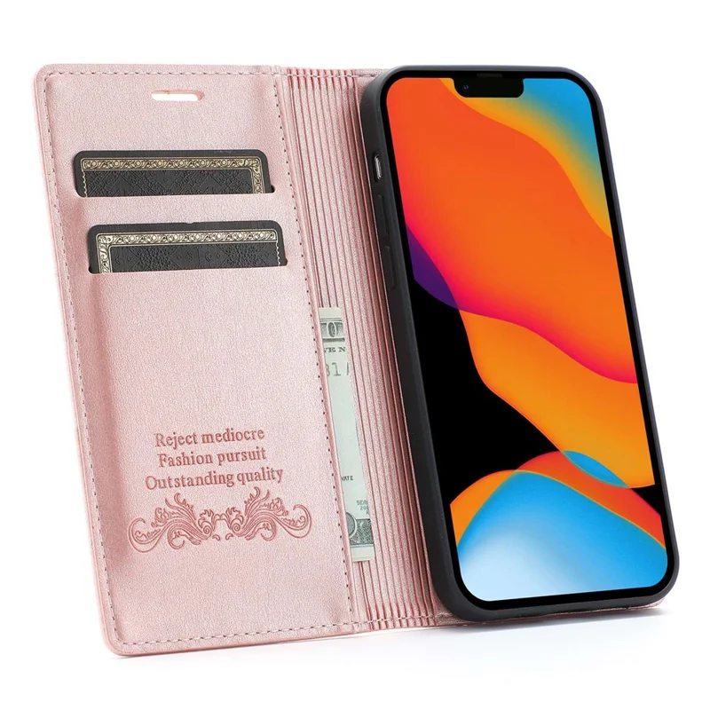For iPhone 14 6.1 inch PU Leather Wear-resistant Anti-fall Wallet Style Case Magnetic Auto-absorbed Phone Shell with Stand - Rose Gold