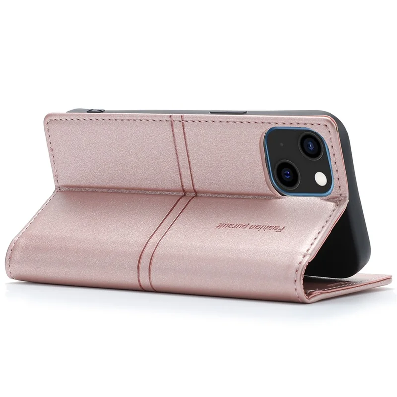 For iPhone 14 6.1 inch PU Leather Wear-resistant Anti-fall Wallet Style Case Magnetic Auto-absorbed Phone Shell with Stand - Rose Gold