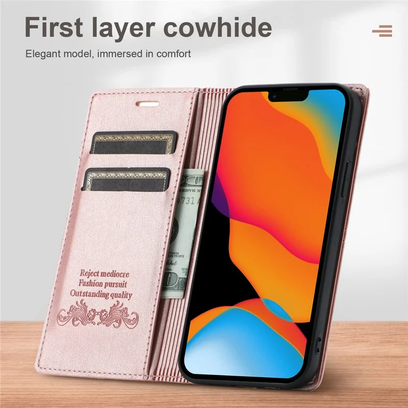 For iPhone 14 6.1 inch PU Leather Wear-resistant Anti-fall Wallet Style Case Magnetic Auto-absorbed Phone Shell with Stand - Rose Gold