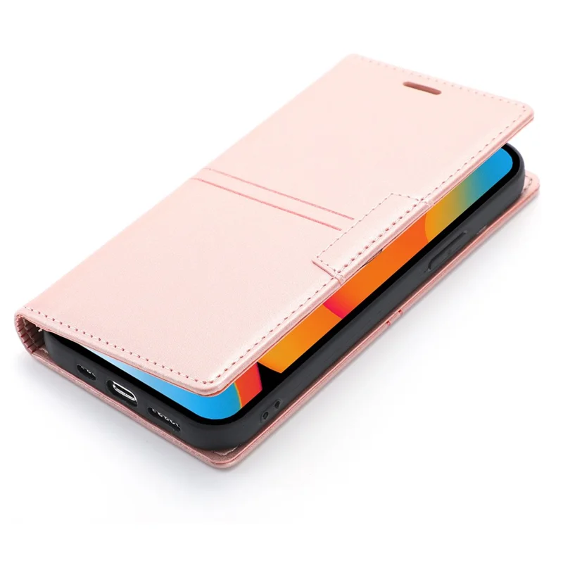 For iPhone 14 6.1 inch PU Leather Wear-resistant Anti-fall Wallet Style Case Magnetic Auto-absorbed Phone Shell with Stand - Rose Gold