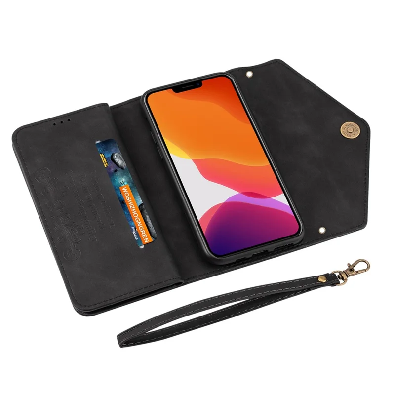 For iPhone 14 6.1 inch Anti-scratch Phone Case PU Leather Skin-touch Feeling Zipper Wallet Stand Cover with Short + Long Strap - Black