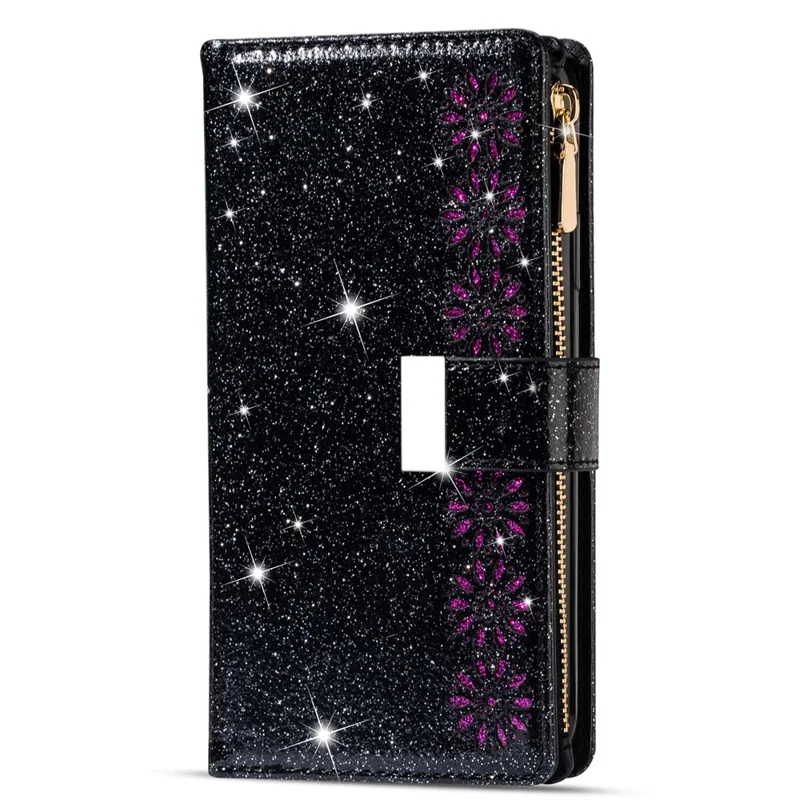 For iPhone 14 6.1 inch Anti-scratch Flip Leather Case, Laser Carving Glittery Starry Style Zipper Wallet Stand with Strap - Black