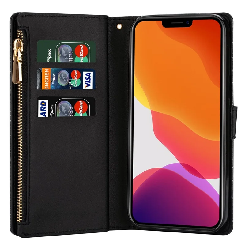 For iPhone 14 6.1 inch Anti-scratch Flip Leather Case, Laser Carving Glittery Starry Style Zipper Wallet Stand with Strap - Black