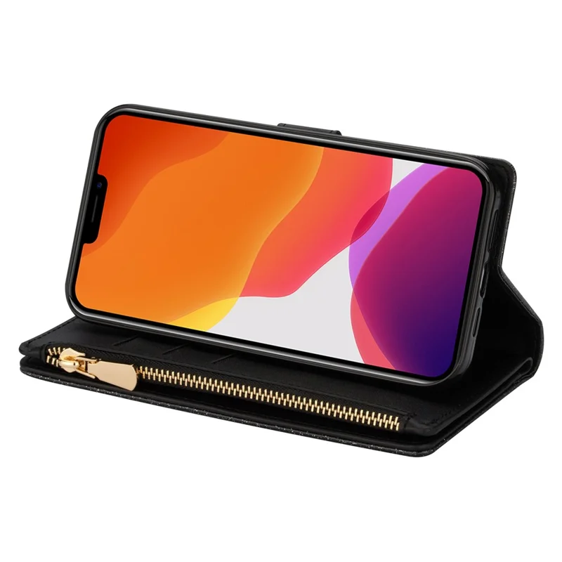 For iPhone 14 6.1 inch Anti-scratch Flip Leather Case, Laser Carving Glittery Starry Style Zipper Wallet Stand with Strap - Black