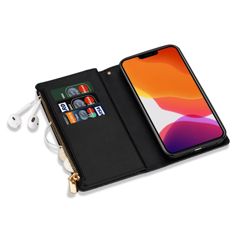 For iPhone 14 6.1 inch Anti-scratch Flip Leather Case, Laser Carving Glittery Starry Style Zipper Wallet Stand with Strap - Black