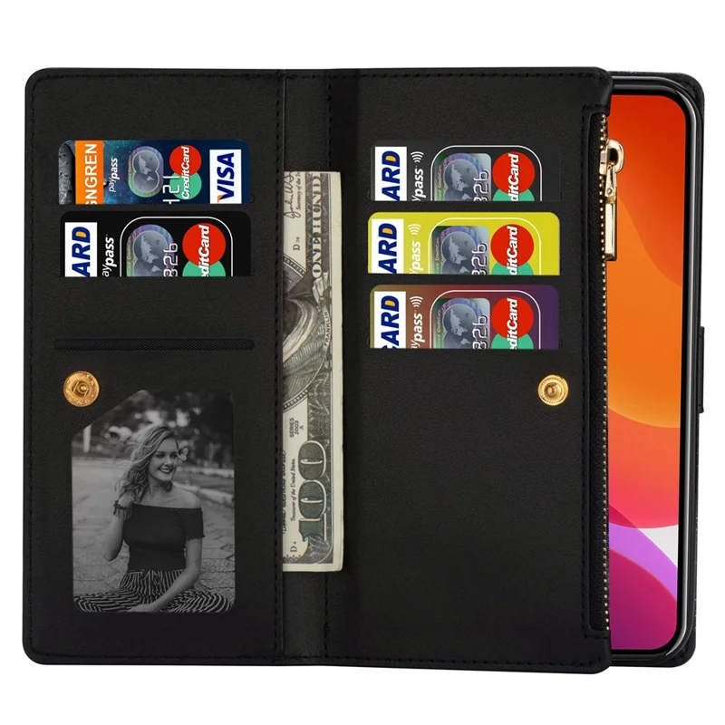 For iPhone 14 6.1 inch Anti-scratch Flip Leather Case, Laser Carving Glittery Starry Style Zipper Wallet Stand with Strap - Black