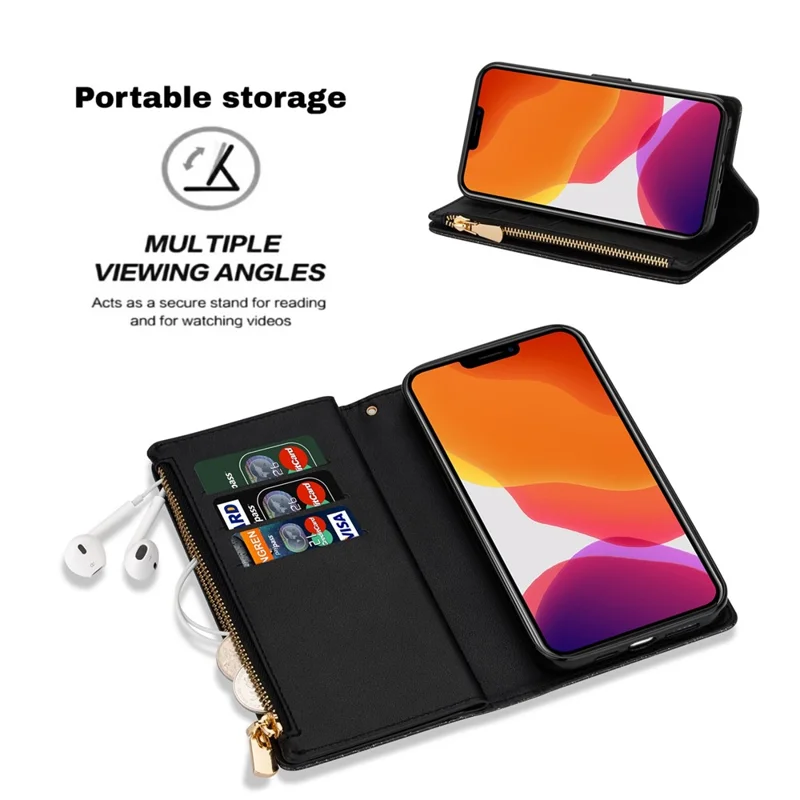 For iPhone 14 6.1 inch Anti-scratch Flip Leather Case, Laser Carving Glittery Starry Style Zipper Wallet Stand with Strap - Black